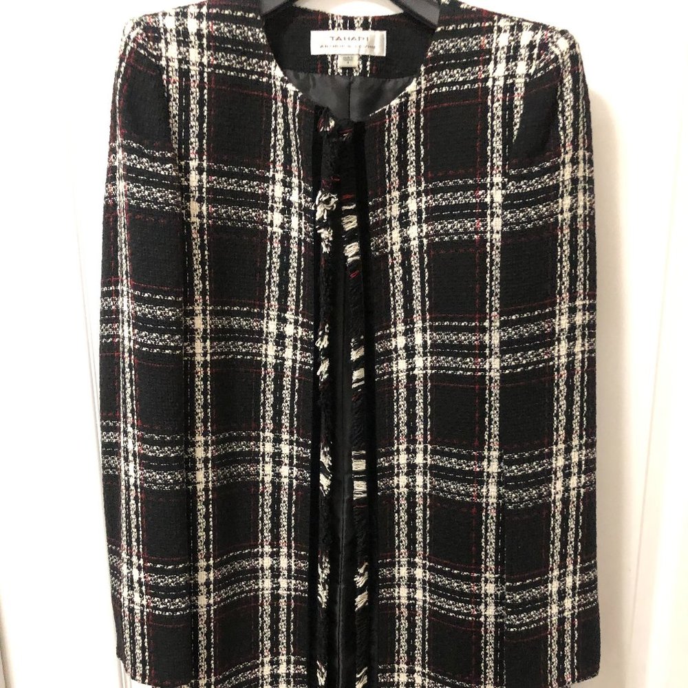 [USED] Tahari Open Front Tweed Fringe Long Jacket